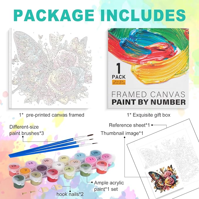 Framed Paint by Numbers Kit for Adults, Butterfly & Roses, 10 x 10 Inch | DIY Adult Paint by Number Kit for Beginners, Floral Wall Decor, Stress Relief Craft Gift, Creative Hobby