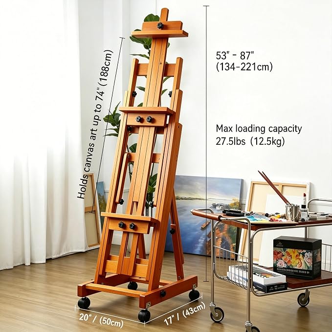 PHOENIX Versatile Studio H-Frame Easel - Solid Beech Wood with Locking Casters, Adjustable Angle & Height, Heavy Duty Canvas Holder with Storage Tray for Professional Artists - Light Walnut
