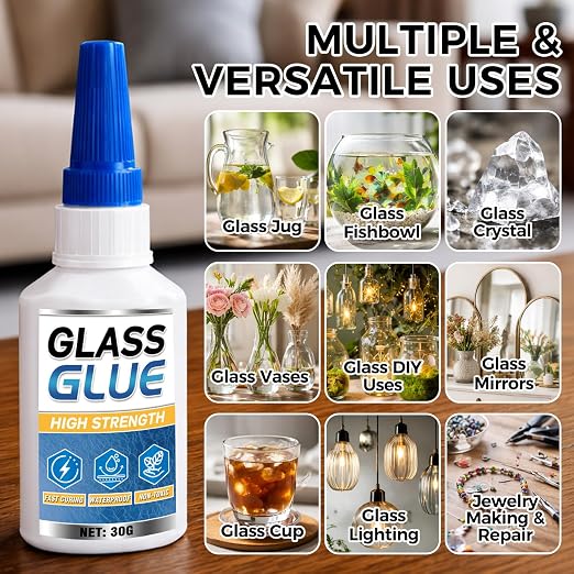 Glass Glue Clear, 30g Super Glue for Glass, Acrylic, Mirror, Jewelry, Crafts & Rhinestones Adhesive, Fast-Curing & Weatherproof