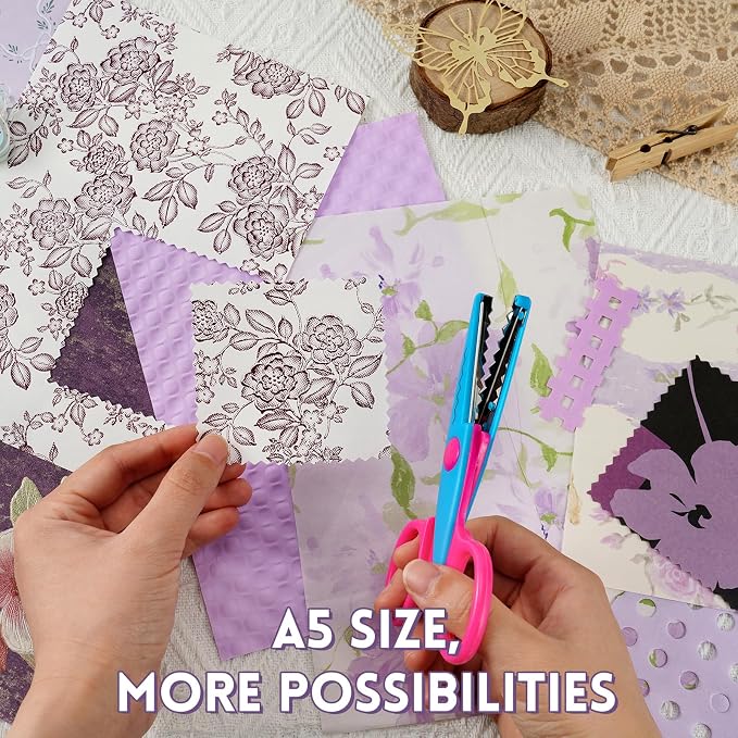 50 Sheets Unique Handmade Textured Scrapbook Paper & Mesh Fabric Set - Junk Journal Supplies Craft Paper for Scrapbooking Journaling Supplies for Junk Journal Retro Crafts（Purple）