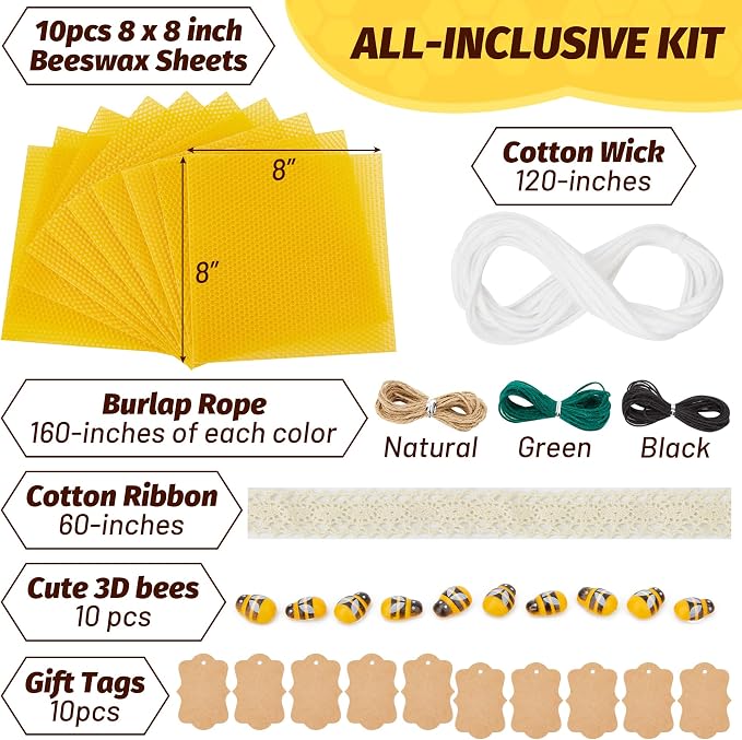HASSLICKIT Natural Beeswax Candle Making Kit for Beginners-12 Beeswax Sheets for Candle Making Rolling DIY Kits (Natural Yellow Color, 8 x 8 inch)
