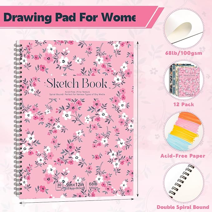12 Pack Sketch Book 9 × 12 in, Top Spiral, 30 Sheets, Acid-Free Paper | 100gsm Paper, Hardcover with Rigid Backboard, Lay-Flat Top Spiral, for Sketching, Drawing, And Dry Media