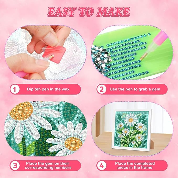 cviokrdu 4 PCS Diamond Art Kits for Kids, Flowers Diamond Art for Kids Ages 4 8 12, Flower Gem Art Kit Crafts Beginners for Gift Home Wall Decor (6x6inch)