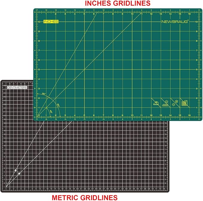 NEWBRAUG 12'' × 18'' Durable Self Healing Cutting Mat, Double Sided 5-Ply PVC Cutting Board, for Quilting, SewingArts, Craft, Fabric & Scrapbooking(Green/Black)