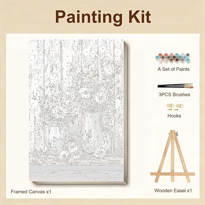 Gemozaic Framed Paint by Numbers Kit for Adults, Vintage Flowers Paint by Numbers with Frame & Easel, Rustic DIY Number Painting for Gift, Home, Office, Wall Decor, 8 x 12 Inch