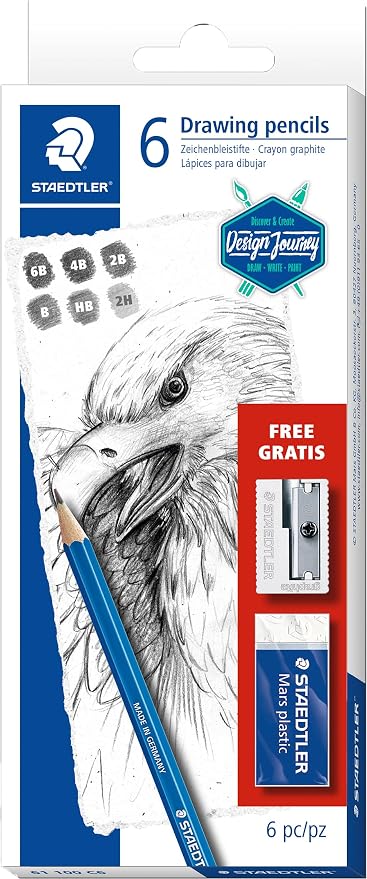 Staedtler Mars Lumograph Art Set | 6 Assorted Sketch Pencils For Drawing, Polymer Block Eraser and Metal Sharpener 61 100C8LU
