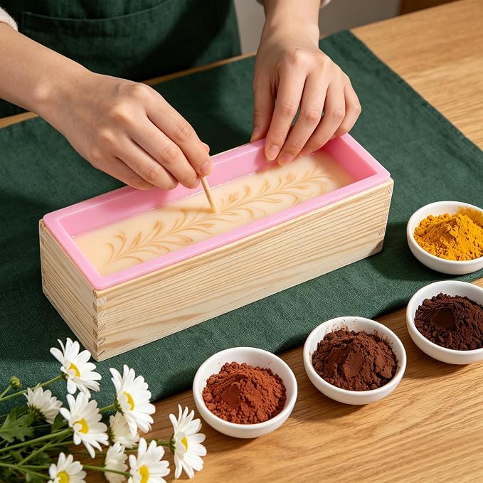 4PCS 42oz Silicone Soap Kit, Pink Rectangular Silicone Loaf Soap Making with 4 Wooden Boxes and 4 Lids, DIY Supplies for Soap Making