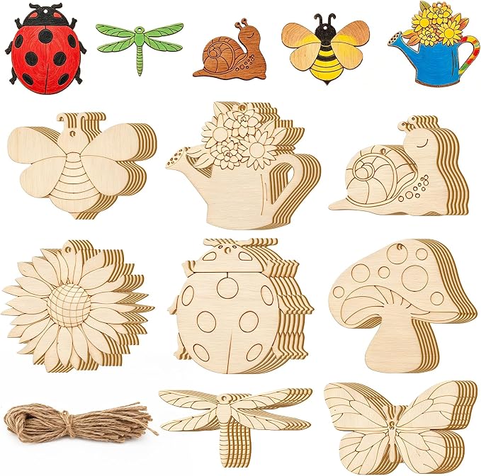 48PCS Unfinished Wooden Cutouts, Blank Hanging Craft Ornaments | 8 shapes Pre-drilled sling holes, blank unfinished wood for kids DIY painting, home hanging craft decor supplies