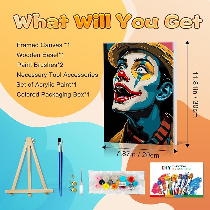 SmartEZ Paint by Numbers Kit for Adults with Frame, Clown Paint by Numbers | Adult Paint by Number Kits with Frame for Gift, Home Wall Decor, 7.87x11.81 Inch