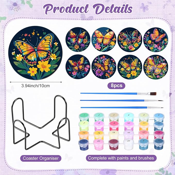 Reallnaive 8 Pcs Butterfly Flower Paint by Numbers Kit Coaster for Adults | Mini Paint by Numbers, Tiny Floral Round Oil Painting Drink Coaster with Holder, for Small DIY Craft Birthday Gift