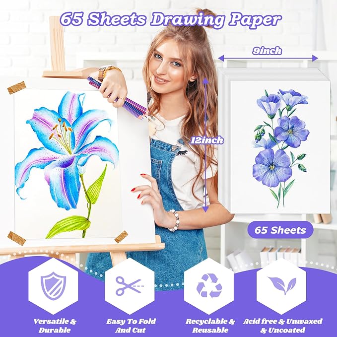 Drawing Paper, 9"x12" Craft Art Paper, 65 Sheets Loose Drawing Paper Bulk | 68lb/100gsm Artist Sketching Easel Poster Paper Bulk,Art Supplies for Kids Adults,Arts & Crafts, White Construction Coloring