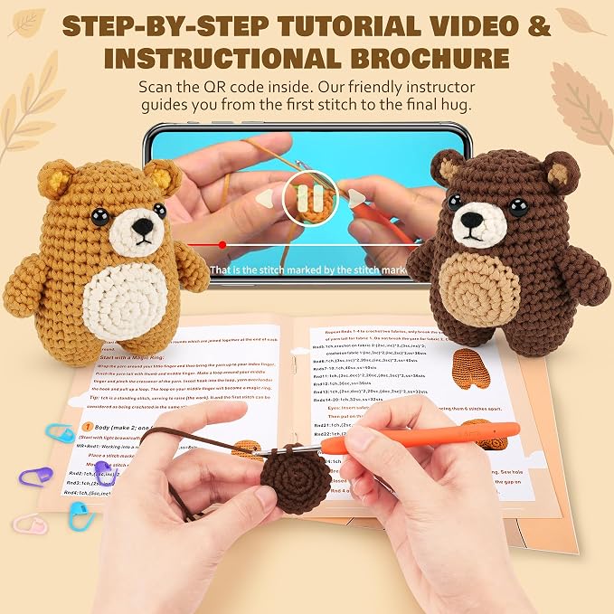 Crochet Kit for Beginners - Bear Crochet Kits, Beginner Crochet Kit for Adults, Crochet Animal Kit for Starters with Step-by-Step Video Tutorials, Knitting Bears with Squishy Hip Design
