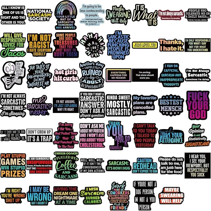 55Pcs Oppose Satire.Stickers - Funny Stickers for Adults with Snarky, Humorous Quotes for Water Bottle, Laptop, Phone, Hard Hat, Bumper, Gifts (Colourful-F3)