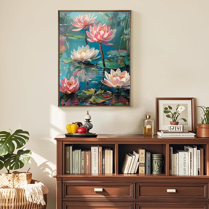 Ausanrl Flowers Framed Paint by Numbers Wooden Easel-Adult Paint by Number Kits on Canvas Framed,Lotus Paint by Numbers with Frame,Gifts and Home Wall Decor 12x16inch