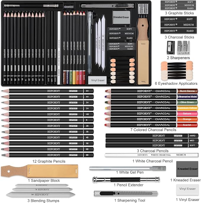HIFORNY 46 PCS Sketching Drawing Pencil Set,Sketch Pencils Art Supplies with Colored Charcoal Pencils,Graphite,Charcoal,Blending Tools,Accessories,Drawing Kit for Adults Artists