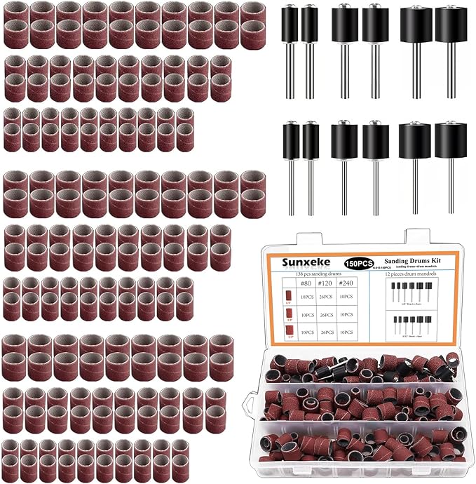 Sanding Drum Set for Most Rotary Tools-Includes 138 Aluminum Oxide Sanding Sleeves for Drum Sanders (80,120,240 Grit) and 12 Drum Mandrels-Sanding Bits Tool Accessories with Box