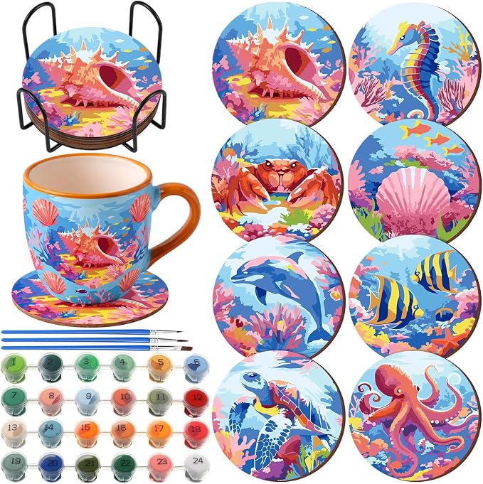 Reallnaive 8 Pcs Ocean Paint by Numbers Kit for Adults Wood Coastal Coaster | Mini Paint by Numbers, Tiny Marine Animal Round Oil Painting Drink Coaster with Holder, for Small DIY Craft Pink Blue Gift