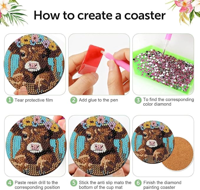 mrpwnle 8 Pcs Diamond Art Coasters Kits, Cow Diamond Painting Coasters Kits