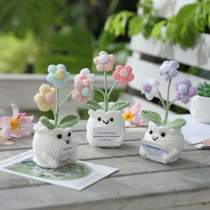 Mental Health Crochet Flower Pot, Positive Stress Relief Desk Decor with Card “Life Can Be Tough But So are You”, Handmade Emotional Support Gift