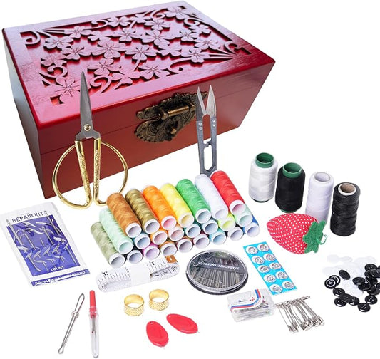 Wooden Sewing Kit Box, Wooden Sewing Box with Sew Kit Accessories | Sewing Repair Kit Sewing Basket, Basic Sewing Kit for Adults, Beginner Universal Home Sewing Repair Tool Kit