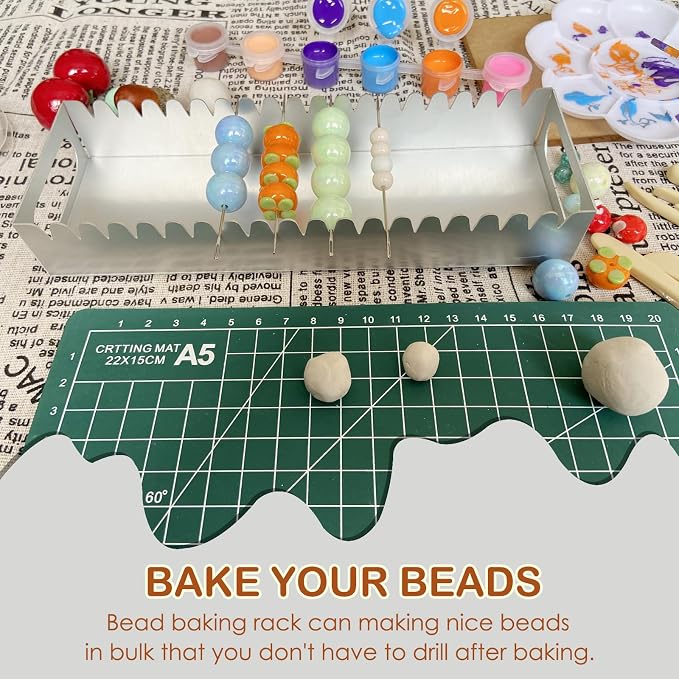 Uiyofok Bead Baking Rack,Polymer Clay Tools for Bead Maker,Drying Rack for Polymer Clay Jewelry Making Supplies(with 20 Pins & 2 Roll of Elastic Strings)