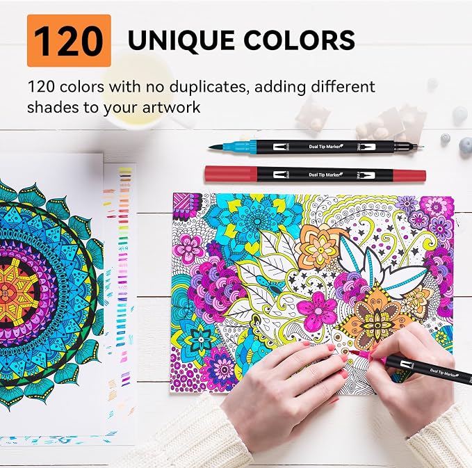 Artugn 120 Colors Dual Markers Brush Pens for Adult Coloring Books with Bag | Art Marker Set with Fine & Brush Tip Pen for Bullet Journaling, Coloring, Drawing, Hand Lettering, Calligraphy, Art Supplies