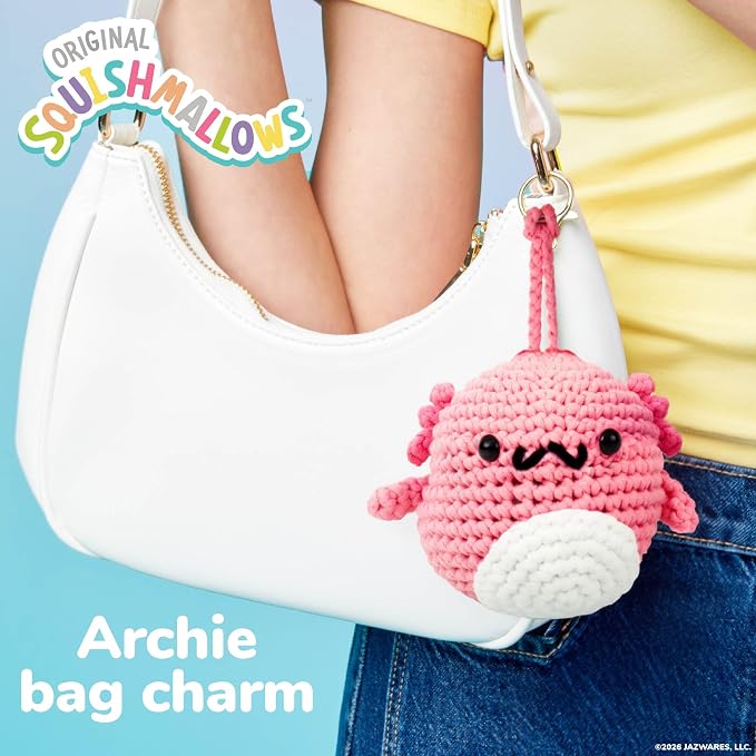 Original Squishmallows™ Crochet Kit – Archie Bag Charm, Axolotl Crochet Kit for Beginners with Yarn, Starter Hooks, Step-by-Step Tutorials, DIY Craft, Great Teen Gifts