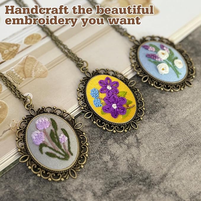 ZOCONE New 4 Packs Embroidery Necklace Kits, Embroidery Pendant Kit Mini Cross Stitch Kit with Hoop, Necklace, Pendant, Stamped Pattern Cloth, Instructions, etc., Embroidery Kits for Adults