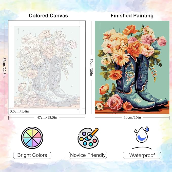 Cowboy Boots Paint by Numbers Kit for Adults Without Frame 16x20 IN | Rustic Farmhouse Paint by Numbers for Adults Beginner, DIY Acrylic Painting, Stress Relief Craft Kits, Home Wall Decor Gift