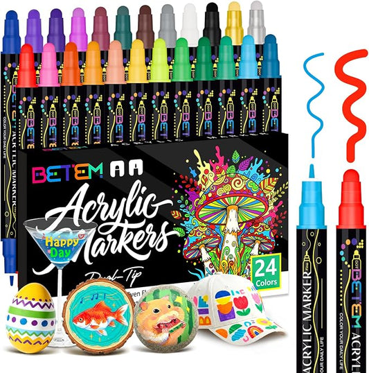 Betem 24 Colors Dual Tip Acrylic Paint Markers, Fabric Decorating Kits | Premium Water-Based Acrylic Paint Pens Art Supplies for Fabric, Rock, Wood, Glass, Canvas, Ceramic, School Supplies