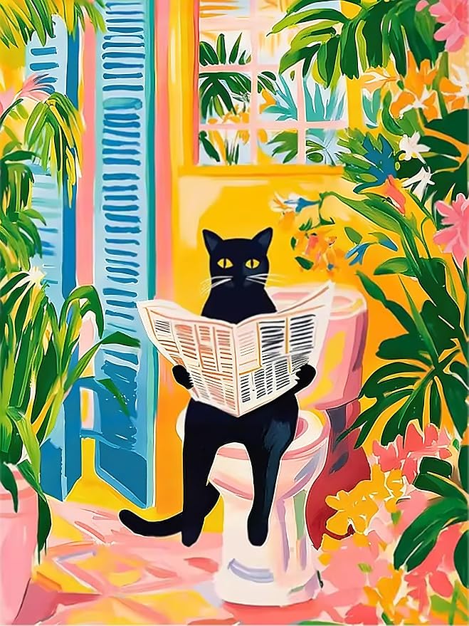 Dorwendis Black Cat Diamond Art Kits for Adults, Cat on Toilet Read Newspaper Diamond Painting Kits for Beginners, 5D DIY Round Full Drill Diamonds Art Craft for Home Decor 12x16 inch