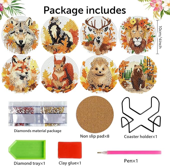 Diamond Art Coasters Kits, 8 Pcs Fall Animals Diamond Painting Coasters Kit