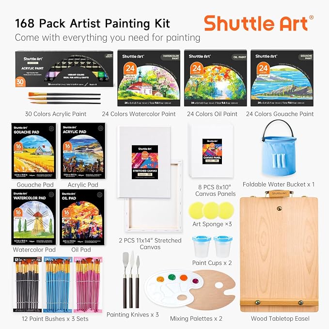 Shuttle Art 168 Pcs Artist Painting Kit, Deluxe Art Kit with Paint, Wooden Easel, Canvases, Paper Pads, Brushes and Other Art Supplies for Adults, Kids and Artists
