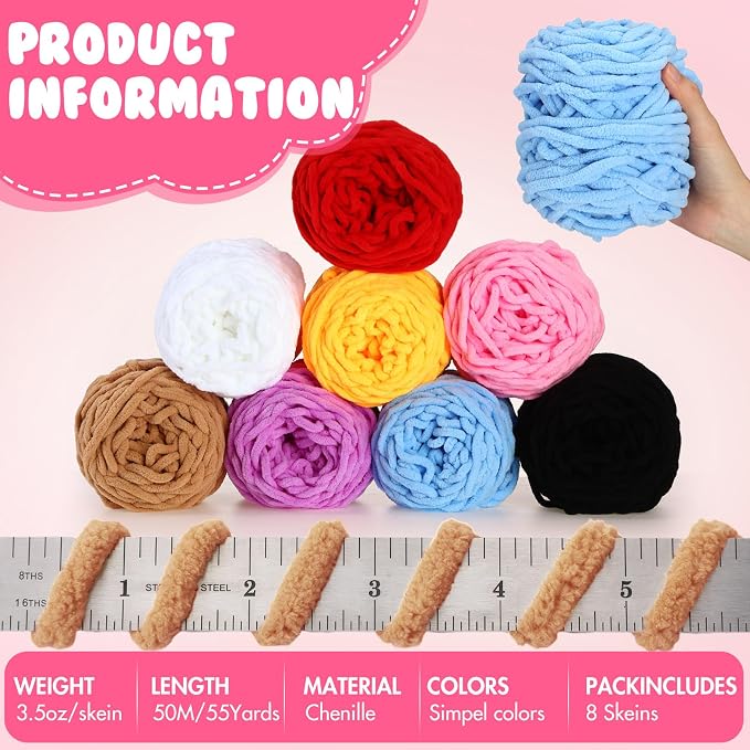 Buryeah 8 Pack Chunky Chenille Yarn for Crocheting, Simple Colors