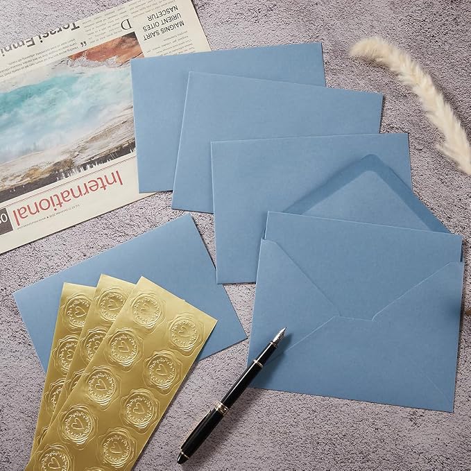 50 Pack Dusty Blue A6 Envelopes with Cards and Gold Stickers, 4x6