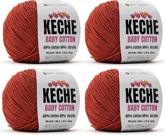 Keche Baby Cotton, 60% Cotton 40% Acrylic Yarn, Soft Cotton Yarn for Crochet and Knitting, Amigurumi Yarn 4 Skeins/Balls [1.76 Oz (50g) / 180 Yrds (165m)] x 4 - Terracotta