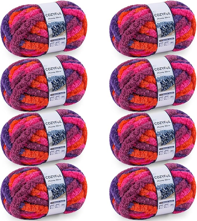 Cozyful Chunky Yarn for Hand Knitting - #10 Chunky Chenille Blanket Yarn, Jumbo Big Thick Chunky Yarns for Crocheting, Tie Dye Bulky Knit Yarns, 8 Skein (20 yds 8 oz Each Skein), Orange&Rose&Purple