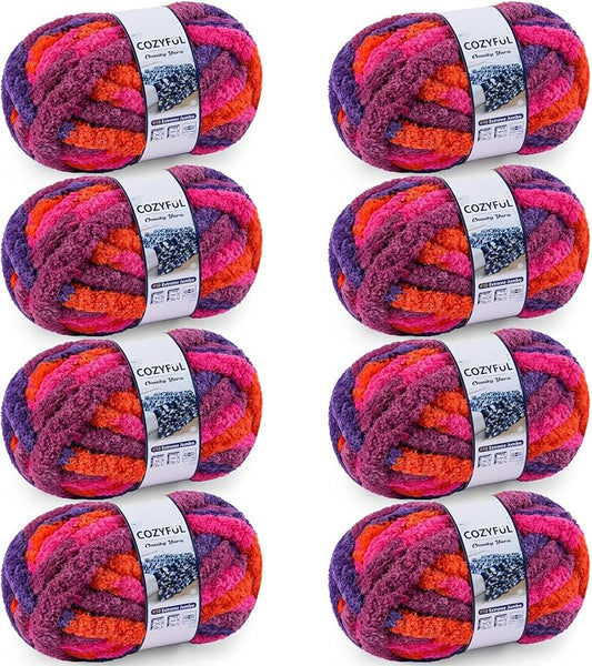 Cozyful Chunky Yarn for Hand Knitting - #10 Chunky Chenille Blanket Yarn, Jumbo Big Thick Chunky Yarns for Crocheting, Tie Dye Bulky Knit Yarns, 8 Skein (20 yds 8 oz Each Skein), Orange&Rose&Purple