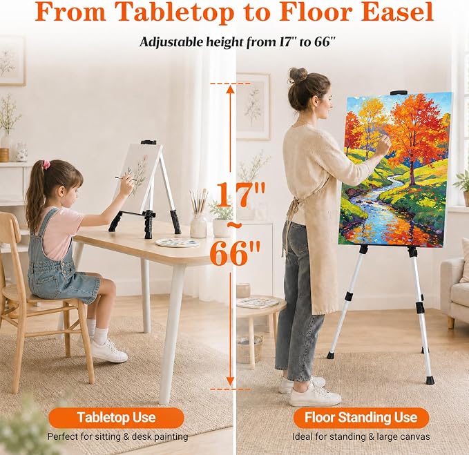 Art Painting Easel Stand, Adjustable Display Tripod Artist Floor Sign Easel | Portable 66 inches Aluminum Metal Silver Stand with 1 Bag for Table-top/Floor Drawing, Sturdy for Canvases Displaying
