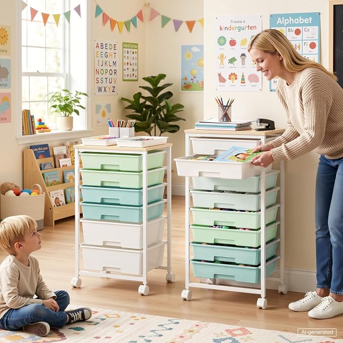 Delamu Rolling Storage Cart with 6 Drawers, Utility Craft Storage Cart | Storage Drawers Cart with Wooden Tabletop and Lockable Casters for Classroom Office Dorm Craft Art Supplie, Green