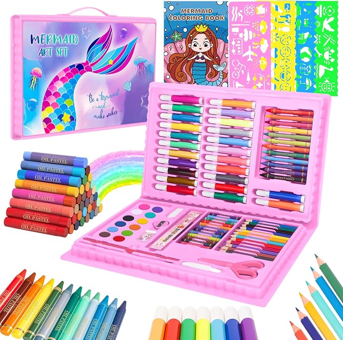 homicozy Art Supplies, Mermaid Drawing & Coloring Set with Crayons, Colored Pencils, Markers, Sketchbook, Watercolor Cakes, Stencils, Arts and Crafts Painting Kit for Kids Ages 4-10, Girls Boys Gift