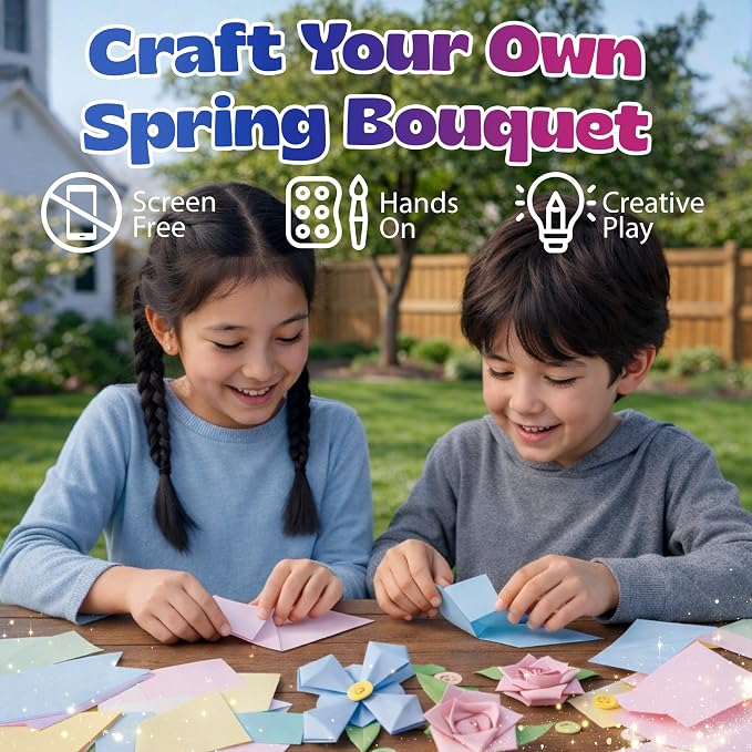 Pinwheel Crafts Flower Origami Kit for Kids Ages 8-12, 150 Pcs Spring Color | 100 spring color folding sheets, 20 chenille stems, 30 buttons and gems, booklet, makes 3D paper flowers, gift for girls
