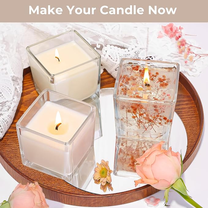 CONNOO 12 Pack 9oz Clear Glass Square Candle Jars with Bamboo Lids