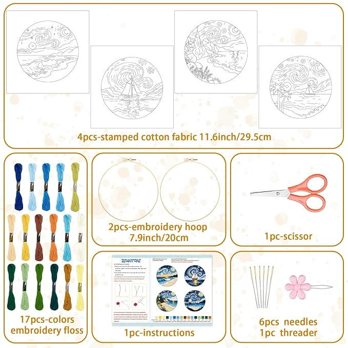 BEUNITONE 4pcs Embroidery Kit, Starry Sky & Beach Stamped Embroidery Kits with Hoop, Thread & Needles, Cross Stitch Kits Sewing Gifts for Adults and Beginners, DIY Craft for Relaxation