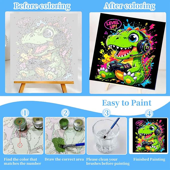 Arttoplus 4 Pack Paint by Numbers Kit for Kids with Frame Animals, 8x8in | Cute Animals Playing Video Games Kids Paint by Numbers Ages 4-8-12 with Wooden Easel, Painting by number for Gift Home Decor
