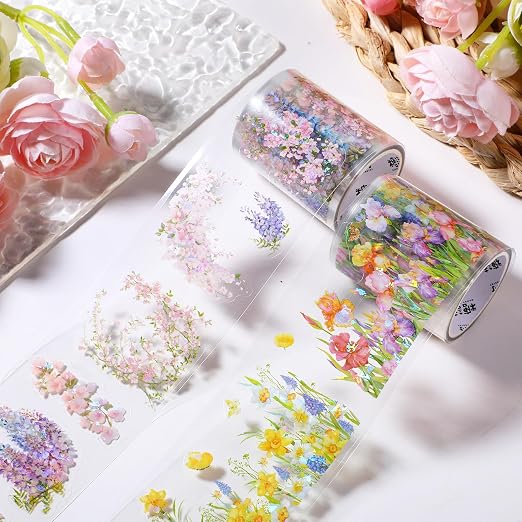 2 Rolls Floral Washi Tape Clear Colorful Vine Flower Tapes Stickers Decorative Tape for Crafts Cute Washi Masking Adhesive Pet Tapes for Journaling Journal Supplies Planners Scrapbook Gift Wrapping