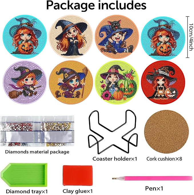 askkqtx 8 Pcs Halloween Diamond Art Coasters Kits with Holder 4X4 Inch