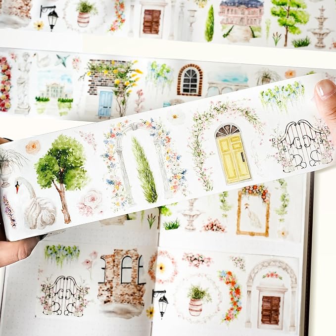 WT Pre-Cut French Courtyard Wide Washi Tape, Single Roll, Romantic European Courtyard Style with Floral Designs, Decorative Washi Paper Tape for Journaling, Scrapbooking, Planner, DIY Crafts