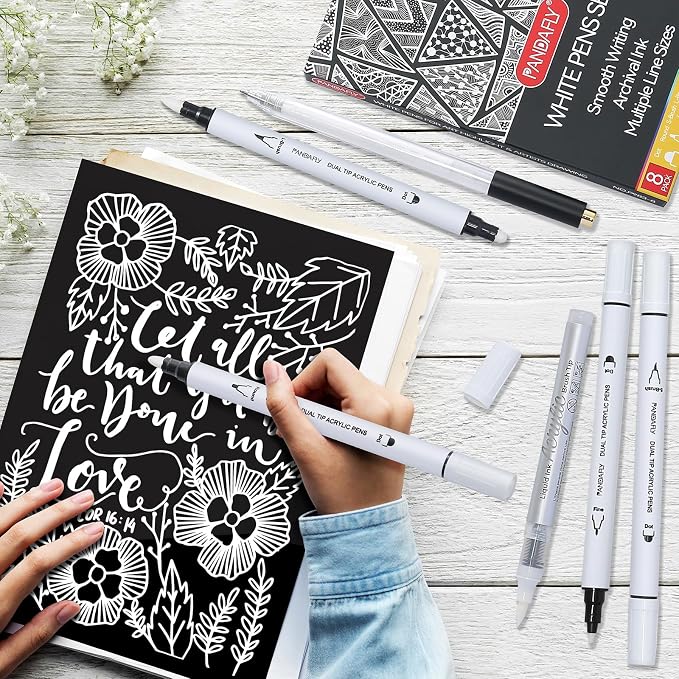 PANDAFLY 8 Pack White Pens Set, White Gel Pens, Dual-Tip Acrylic Paint Pens