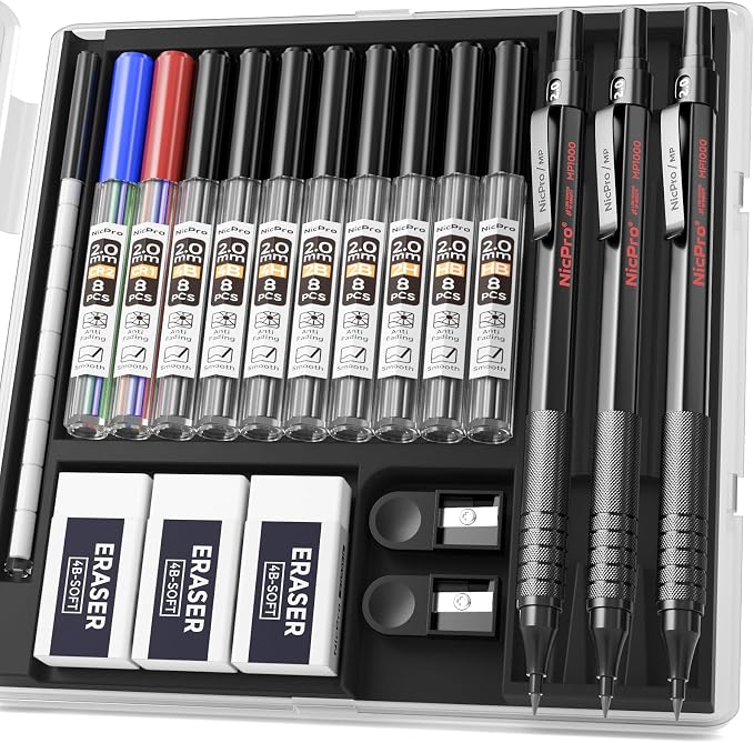Nicpro 3 PCS Metal 2.0mm Mechanical Pencil Set with Case for Sketching